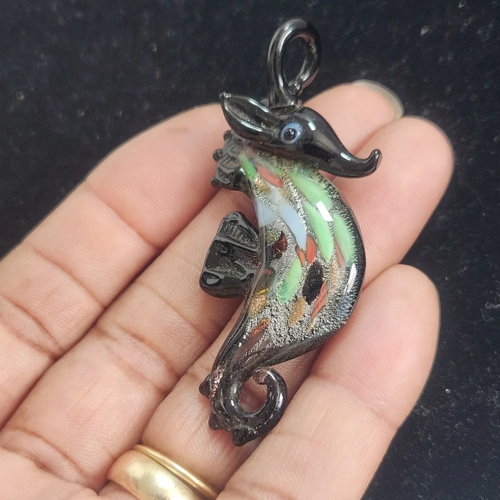 Handblown Lampwork Glass Seahorse Pendant Black Multi Color Dichroic Art Glass‎